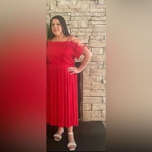 Express Ribbed Red Dress With Strappy Shoulders